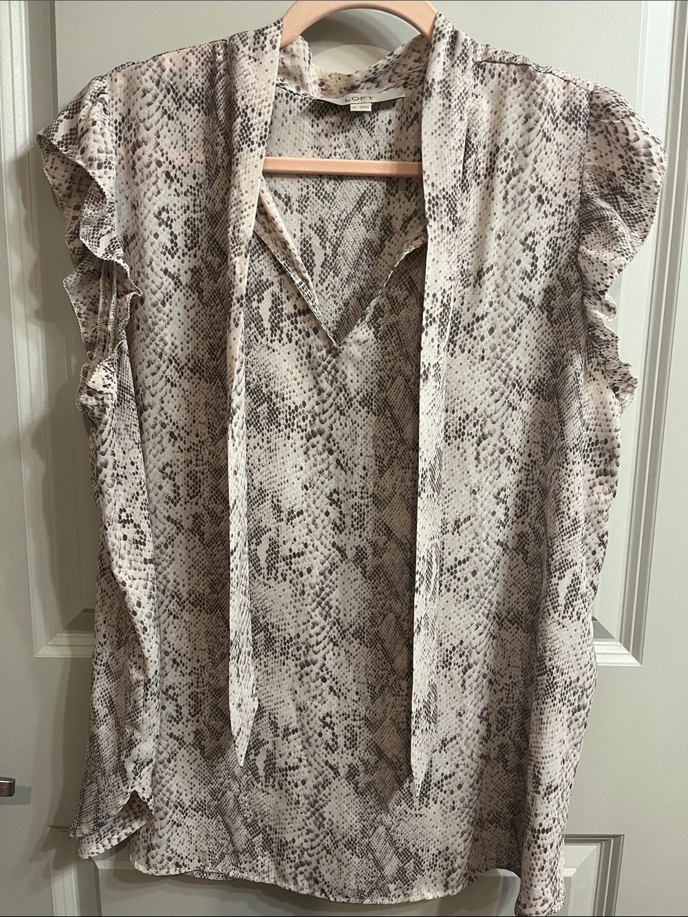 LOFT Neutral Snake-Print Tie-Neck Blouse